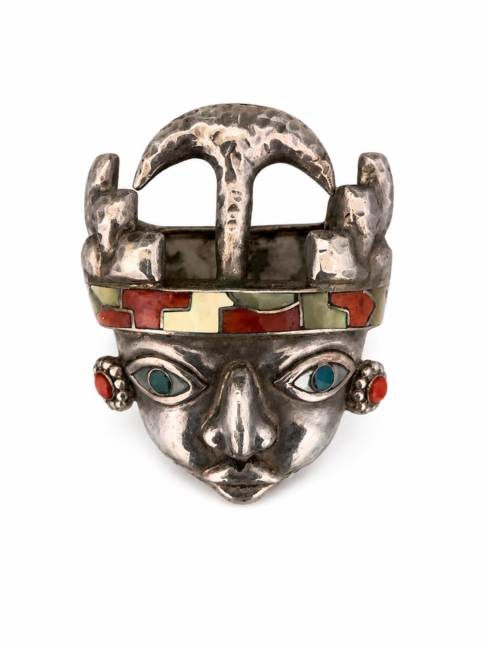Vintage Peruvian 950 SilverInlaid Stone Mask Brooch Pin 25.6g